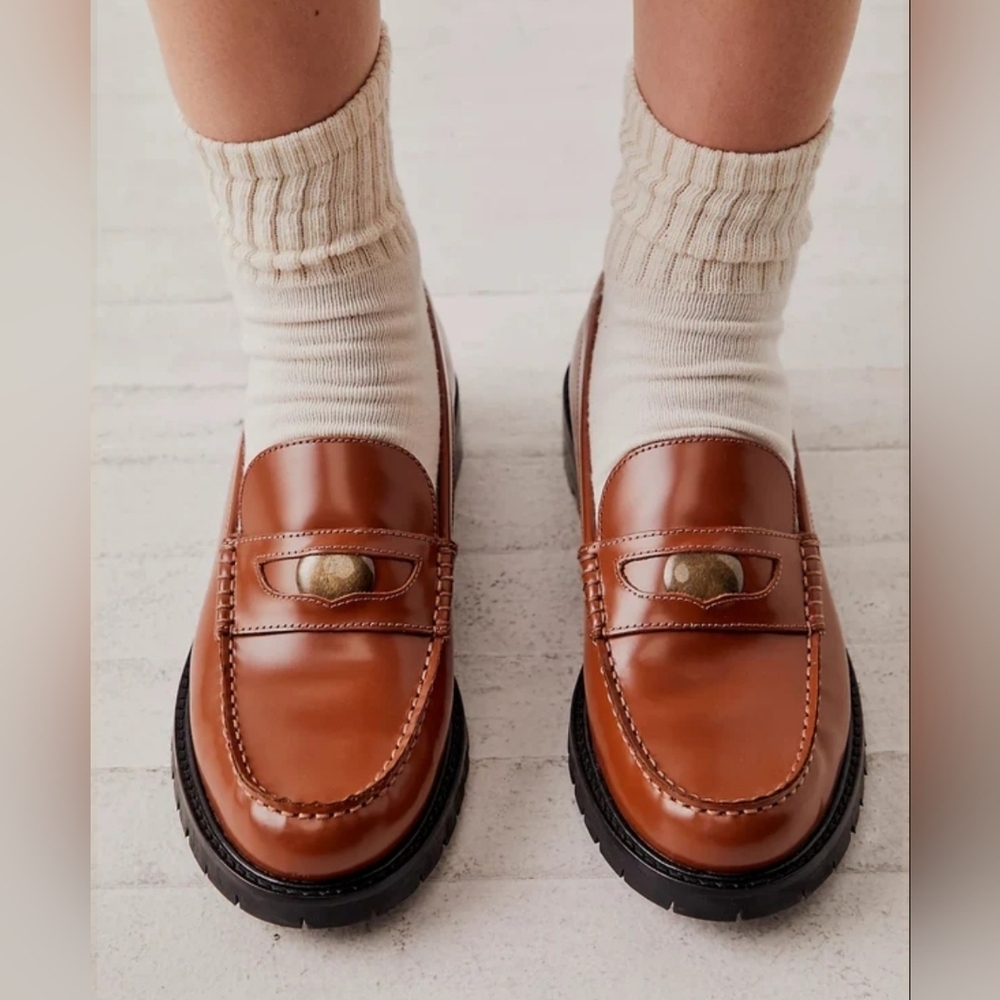 Free People Leather Penny Loafers Liv Slip On Chunky Brown Neutral Size 10 NIB - Picture 7 of 16
